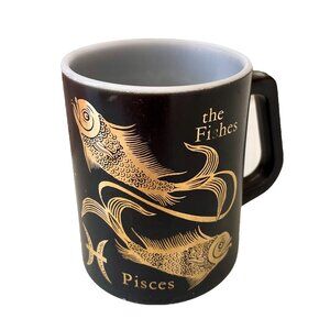 Pisces Mug, 1970s Federal Glass Pisces Mug: Black & Gold Zodiac Milk Glass